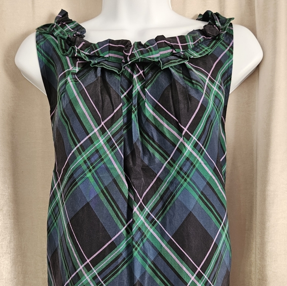 Talbots green blue & black plaid silk ruffled shell blouse top Womens 14 - Picture 6 of 7